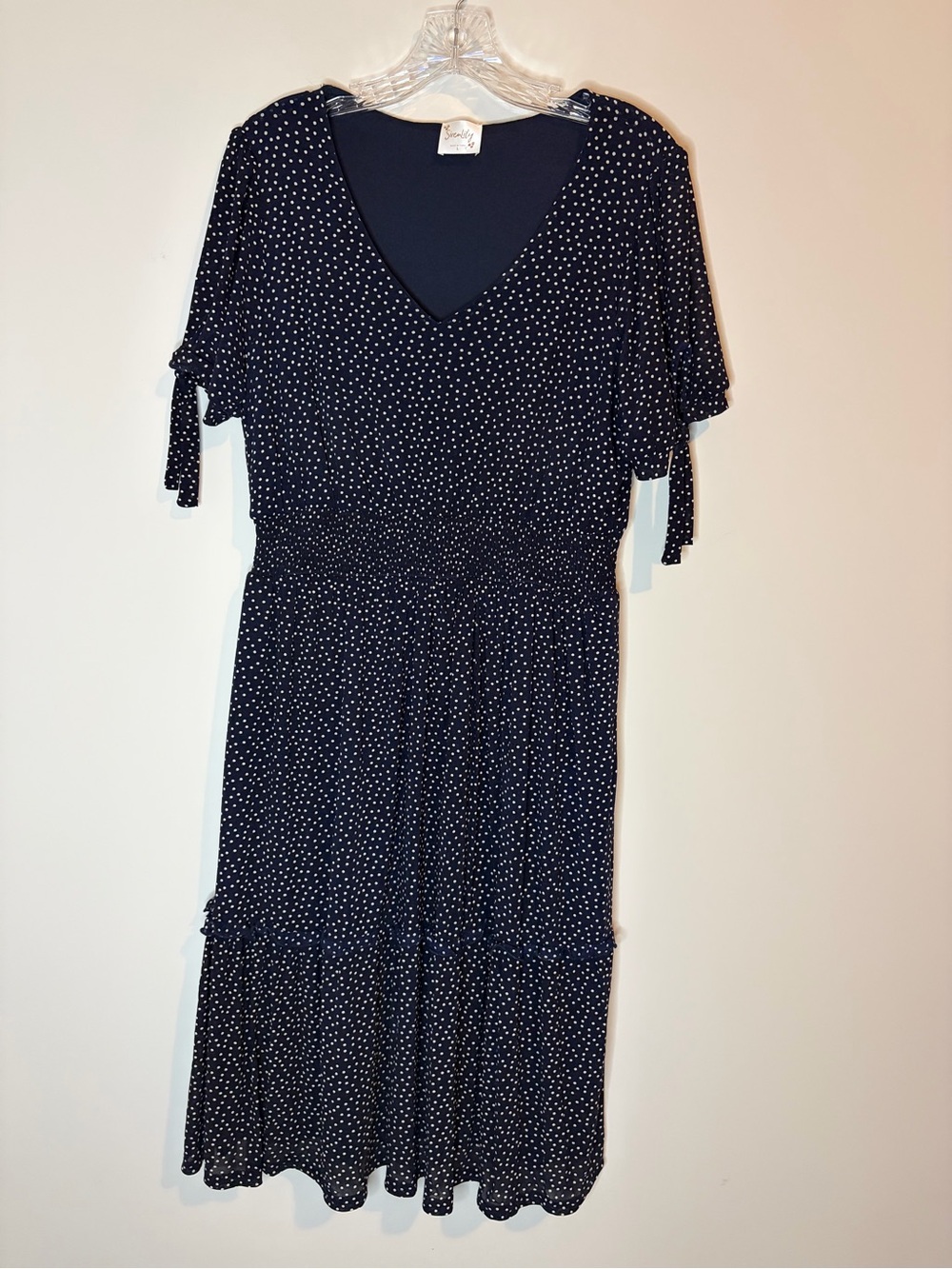 Navy Polka Dot V-Neck Midi Dress with Tie sleeves